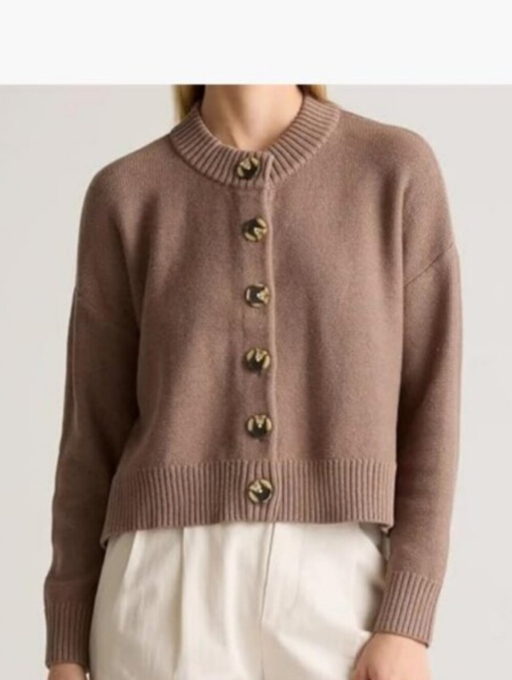Quince Organic Cotton Cropped Cardigan Cafe Au Lait Button Down